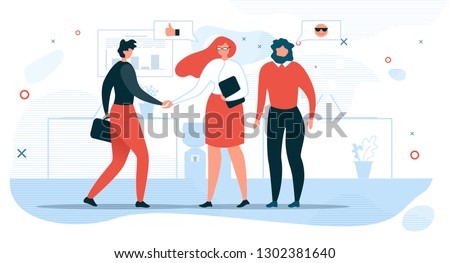 Business People Communication Flat Vector Concept with Businesswoman Shaking Hand to Partner, Company Hiring Manager Welcoming New Employee Illustration. Business Meeting for Negotiations in Office