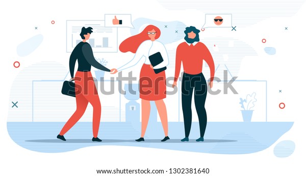 Business People Communication Flat Vector Concept\
with Businesswoman Shaking Hand to Partner, Company Hiring Manager\
Welcoming New Employee Illustration. Business Meeting for\
Negotiations in\
Office