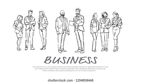 business people communication hold folders during meeting, agreement in front of businesspeople discussion colleagues communicating full length concept on white background hand draw silhouette sketch