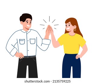 Business people communication idea. Business men high five. Business men working together and succeeding. Vector illustration in cartoon style