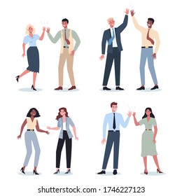 Conjunto de ideas de comunicación para gente de negocios. Hombre y mujer de negocios trabajando juntos y teniendo éxito. Hombre de negocios y mujer de cinco años. Ilustración vectorial en estilo de caricatura