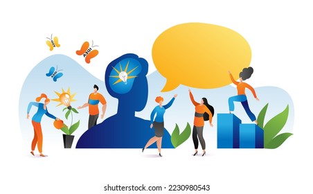 Business people communication, speech bubble about idea vector illustration. Office team group meeting, person conversation in teamwork.