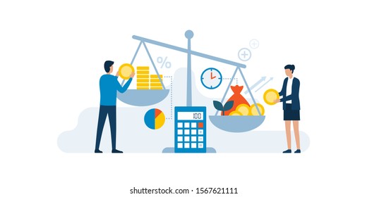 Business people comparing investments and returns on a weight scale, finance and profit concept