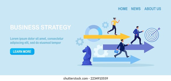 Business people compete running on arrows. Business competition. Contest or rivalry against competitors to increase sales. Career success or achievement. Skill or effort to succeed in work, motivation