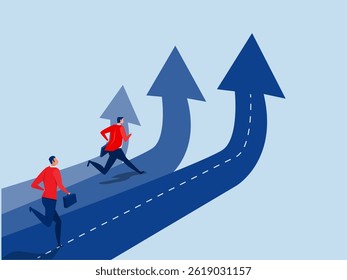 Business people compete in running on the Arrow Racetrack. Business competition performance compare to other employees concept