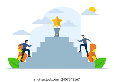 Business people compete for business trophies. Businessman is climbing the career ladder. Overcome difficulties and achieve goals. Businessman climbing the ladder to reach the target. Awards ceremony.