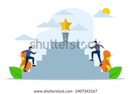 Business people compete for business trophies. Businessman is climbing the career ladder. Overcome difficulties and achieve goals. Businessman climbing the ladder to reach the target. Awards ceremony.