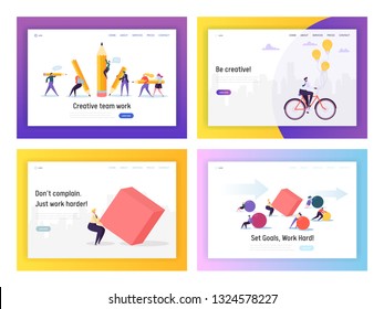 Business People Competition Concept Landing Page Set. Businessman Riding Bike to Work. Character Move Heavy Shape. Leadership Goal for Career Website or Web Page. Flat Cartoon Vector Illustration