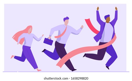 Business people competition. Leader crossing finish line flat vector illustration. Rat race, leadership, winning concept for banner, website design or landing web page