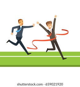 Business people competition, two businessman crossing the finish line vector Illustration