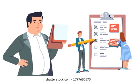 Business people completing checklist on clipboard. Boss looking through plan on clipboard. Man & woman employees marking complete tasks on check list. Work task management. Flat vector illustration