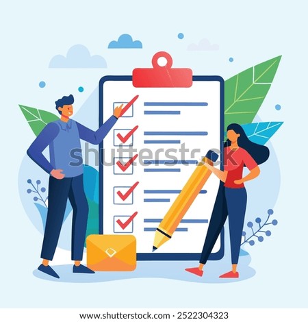 Business People Completing Project Checklist with Clipboard, Checkboxes, and Pencil Project Task Checklist and Work Completion with Clipboard and Checkmarks