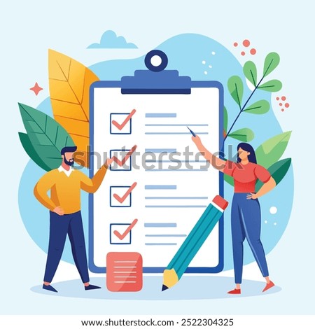 Business People Completing Project Checklist with Clipboard, Checkboxes, and Pencil Project Task Checklist and Work Completion with Clipboard and Checkmarks