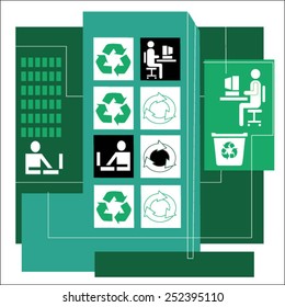 Business people at computers and recycle symbols in highrise
