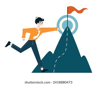 Business People concept. Aspiring entrepreneur achieves summit of success. Ambition and goal attainment in a corporate climb. Flat vector illustration