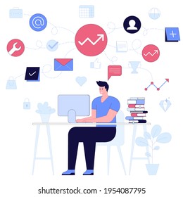 Business people concept. Businessman working on laptop. Freelancer sits at workplace in office. Profit growth, successful project strategy, development, analyzing data. Vector character illustration