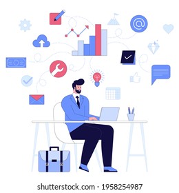 Business people concept. Businessman working on laptop. Manager in office. Profit growth, innovative ideas, successful strategy, development, analyzing data, investments. Vector character illustration