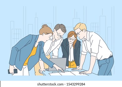 Business people concept. Businessmen and women meeting in conference room, office workers and director discussing project, employee cooperation, team brainstorming. Simple flat vector