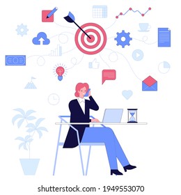 Business people concept. Businesswoman talking on phone. Operator consulting client by making call. Targeting, innovative ideas, successful projects, profit growth. Vector character illustration