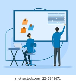 Concepto de gente de negocios. Los personajes trabajan en la oficina principal y en el espacio de trabajo conjunto. planificación de la estrategia de negocio, análisis de gráficos financieros Personas hablando con colegas, ilustración vectorial.