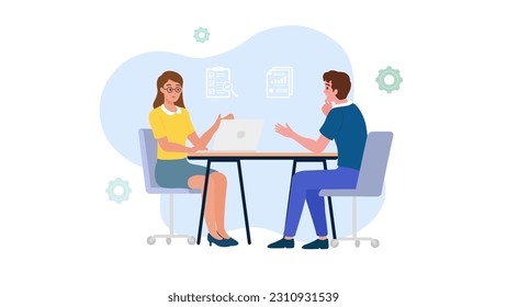Business people. Concept characters working as a teamwork at office. Business meeting and brainstorming with team for goal planning and target to achieve financial strategy. Flat vector illustration.