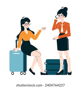 Business People concept. Dynamic corporate travelers engaged in multitasking. Mobile communication meets on-the-go efficiency. Flat vector illustration