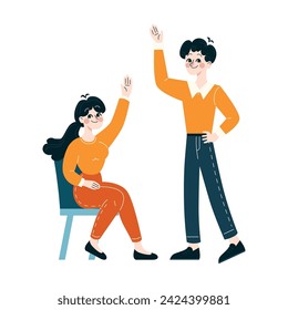 Business People concept. Enthusiastic team voting with raised hands in agreement. Dynamic group decision-making. Team collaboration and partnership success. Flat vector illustration