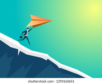 business people concept illustration down the mountain and get up with paper airplane