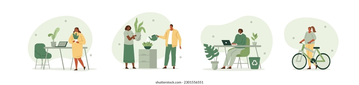 Business people concept illustration set. Characters work together at a green sustainable office with plants, ride bikes to work, use recycle bin and live environment friendly. Vector illustration. svg