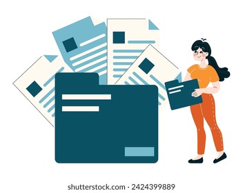 Business People concept. Organized administrator manages extensive documentation. Efficient filing and data organization in the office. Flat vector illustration