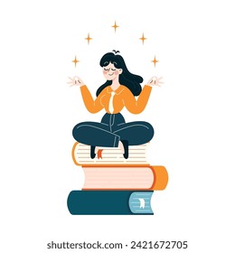 Business People concept. Professional meditates atop a stack of books, finding balance in continuous education. Mindfulness in career development. Flat vector illustration