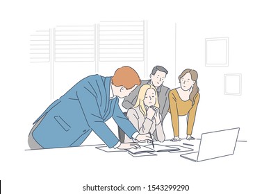 Business people concept. Successful businessmen and business women having a meeting in an office. Simple flat vector.