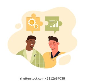 Business people concept. Two young men exchange ideas. Friendly and lovable characters. Meeting of partners, investor and businessman, start up entrepreneurs. Cartoon flat vector illustration