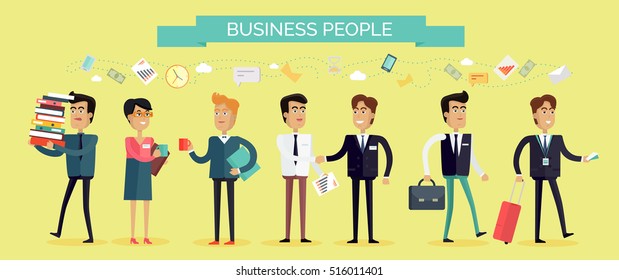 Business people concept vector in flat style. Collection of office situations and people work interactions. Business trip, partnership, paper work, coffee break illustrations for corporate ad.