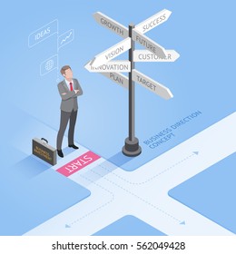 Business people concepts. Businessman standing at a crossroad and looking directional signs arrows. Isometric vector illustration.