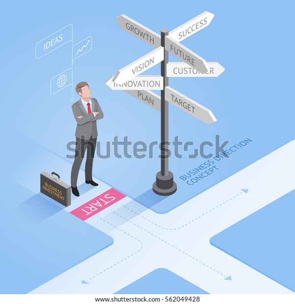 Business people concepts. Businessman\
standing at a crossroad and looking directional signs arrows.\
Isometric vector\
illustration.