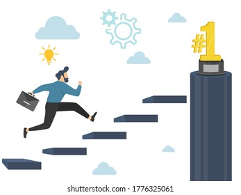 Business people concepts for success. Businessman speed up running up the Stairs to the gold trophy NUMBER ONE icon. vector illustration.