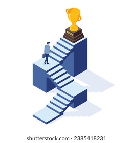 Business people concepts for success. Businessman walking up the Stairs to the trophy cup. Isometric vector illustration.