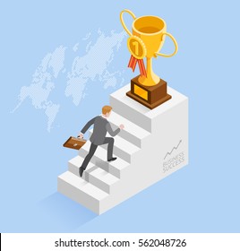 Business People Concepts For Success. Businessman Speed Up Running Up The Stairs To The Gold Trophy Cup Icon. Isometric Vector Illustration.