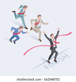 Business People Concepts For Success. Group Of Businessman Running At The Finish Line. Isometric Vector Illustration.