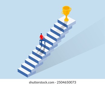 Business people concepts for success.businessman walk up small step stair to reach trophy reward,challenge improve career,achieve target, journey, aspiration to reach goal Isometric