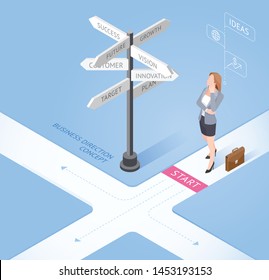 Business People Concepts. Business Woman Standing At A Crossroad And Looking Directional Signs Arrows. Isometric Vector Illustration.