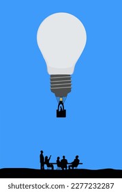 Business people in conference outdoors float an idea that appears as a bright lightbulb in the sky above them in this 3-d illustration.