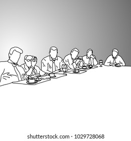 Business people in a conference room with food on the table vector illustration doodle sketch hand drawn with black lines isolated on gray background. Business concept.