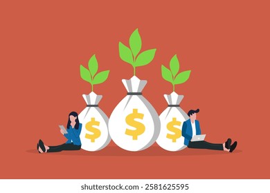 Business people confidently sitting side of money plant, concept of wealth and financial success. Idea for investor, investment, business tycoon