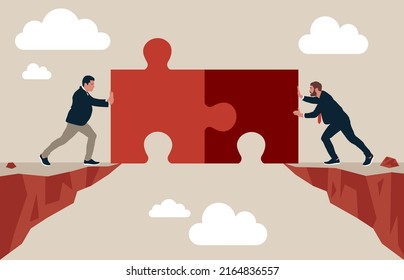 Business people connect jigsaw piece together to build the bridge and cross the gap. Teamwork to solve problem together, collaborate to success in work, partnership.