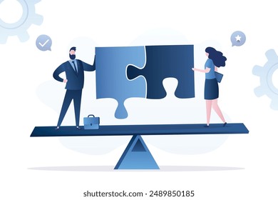 Business people connect pieces of puzzle after difficulty and successful negotiation, seesaw in balance. Negotiation, agreement or partnership deal for both benefit, professional talk. flat vector