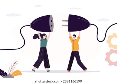 Business people connect plugs with wires. Conversation, dialog. Communicate to solve problem, discussion or meeting to get new ideas, cooperate to success. Negotiations, concept. vector illustration