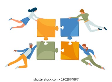 Business people connect puzzle concept vector illustration. Cartoon businessman and businesswoman team characters flying, holding puzzle jigsaw pieces in hands, teamwork connection isolated on white