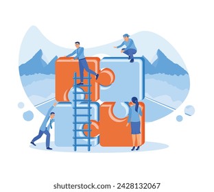  Business people connect puzzle elements. Symbol of teamwork, cooperation, partnership. Team communication. flat vector modern illustration 